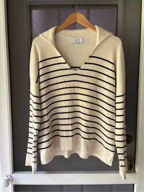 La Ligne Cream and Navy Sailor Striped V-Neck Sweater cotton/cashmere blend